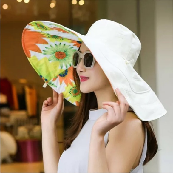 Folding wide brim hat huge white yellow sun flower - Picture 2 of 6
